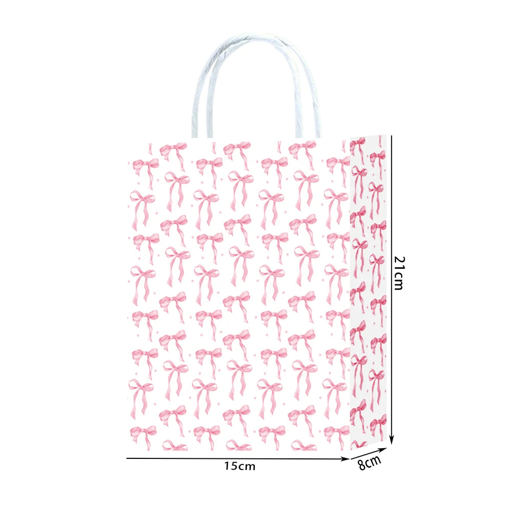 6/12/24/48pcs Pink and White Bow Paper Gift Bags Birthday Favor Bags with Handles Candy Bags Baby Shower Wedding Party Supplies