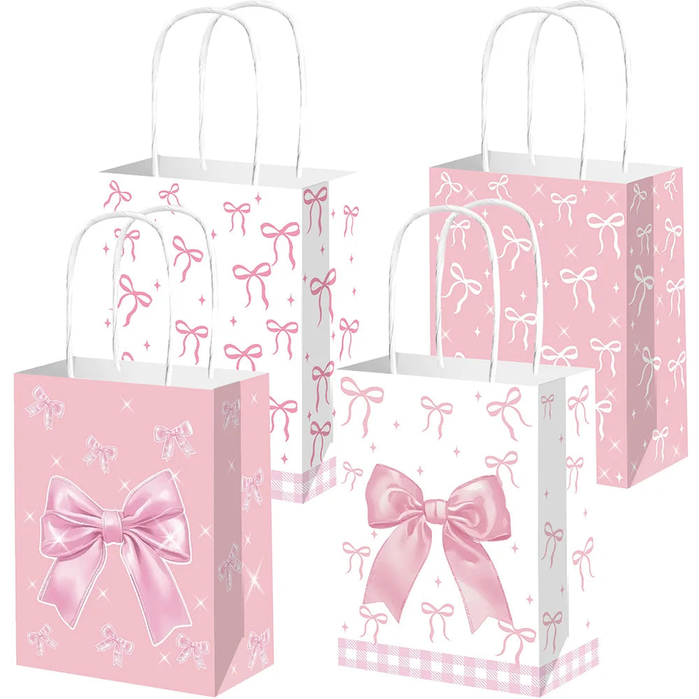 6/12/24/48pcs Pink and White Bow Paper Gift Bags Birthday Favor Bags with Handles Candy Bags Baby Shower Wedding Party Supplies