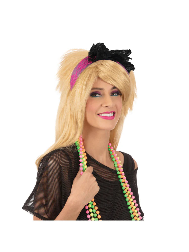 Neon Pink 80s Lace Headband