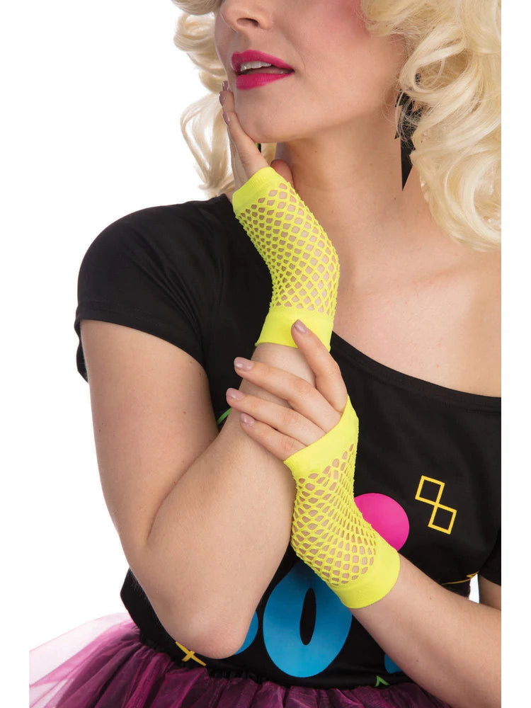 Neon Yellow Short Fishnet Gloves