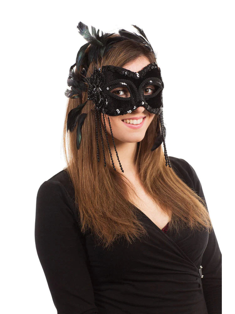 Noir Velvet Masquerade Mask with Feathers