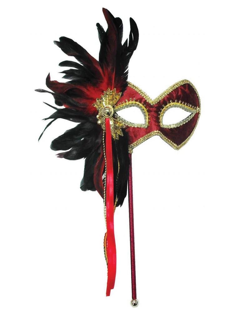 Crimson Masquerade Mask with Feathers on a Stick