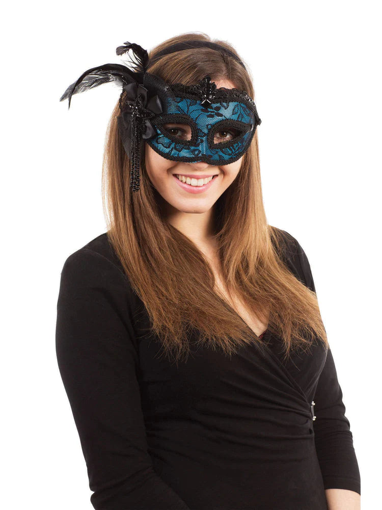Azure Side-Feather Masquerade Mask