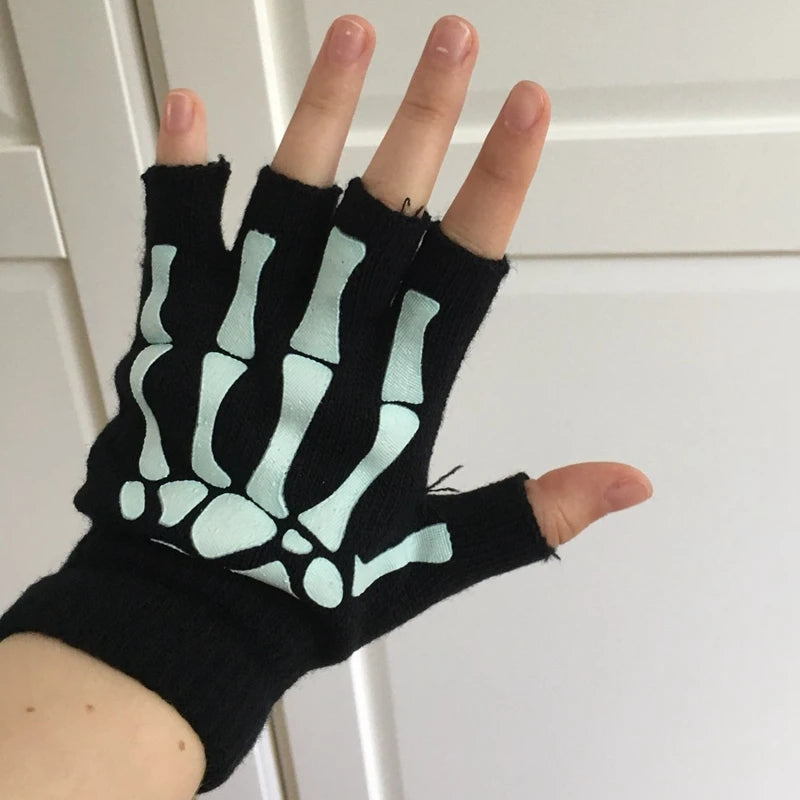 Glow in the Dark Skeleton Fingerless Gloves for Halloween