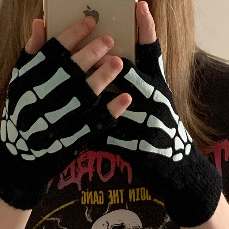 Glow in the Dark Skeleton Fingerless Gloves for Halloween