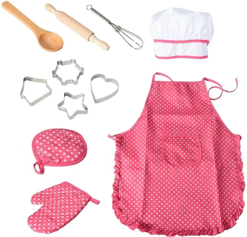 Apron for Little Girls Kids Cooking Baking Set Chef Hat Mitt & Utensil for Toddler Play House Toys Chef Costume Role Play
