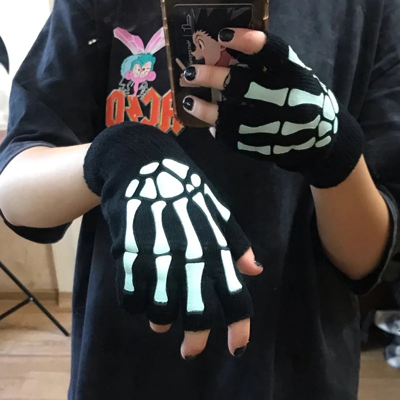 Glow in the Dark Skeleton Fingerless Gloves for Halloween