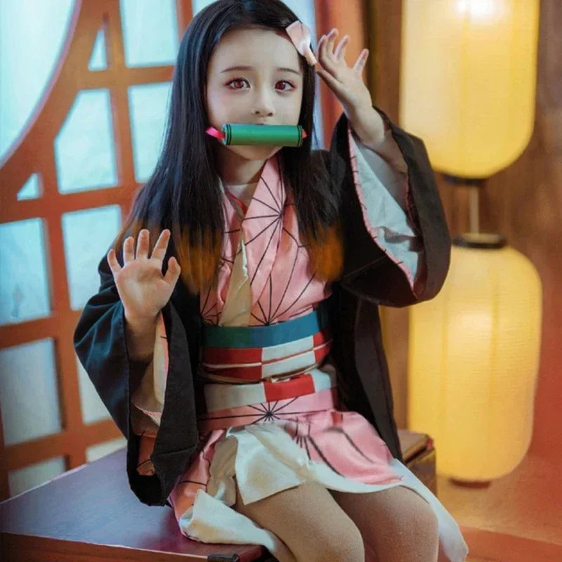 Anime-Inspired Kimono Cosplay Costume with Wig & Clogs