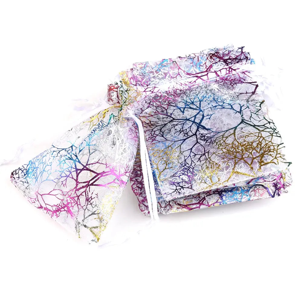25/50/100pcs/lot Organza Gift Bag Jewelry Packaging Drawstring Bag Multi-size Colorful Trees Printing Party Wedding Candy Bag