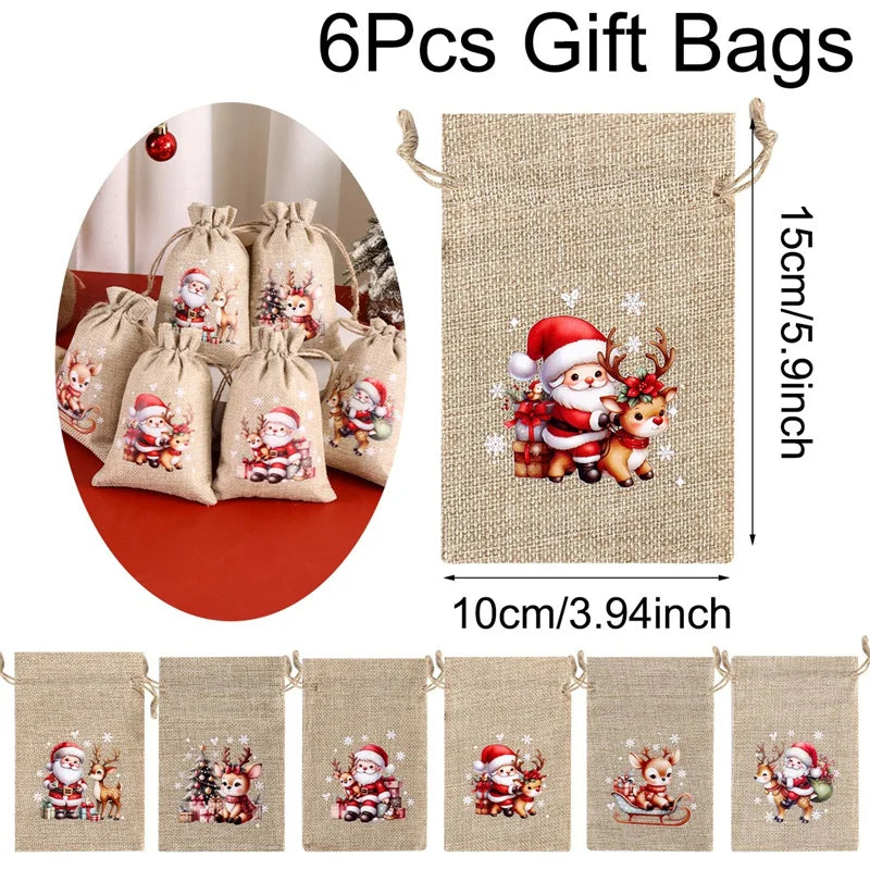 6pc Christmas Linen Drawstring Bags Burlap Gift Bags Candy Biscuits Pouchs for Home Decor 2025 Xmas Navidad Noel Gift Packaging