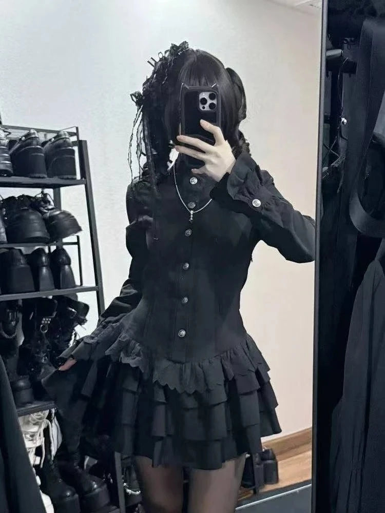 Gothic Vintage Lace Y2k Mini Dress Women Design Streetwear Black Lolita Slim Dress Long Sleeve Elegant Dress Spicy Girls