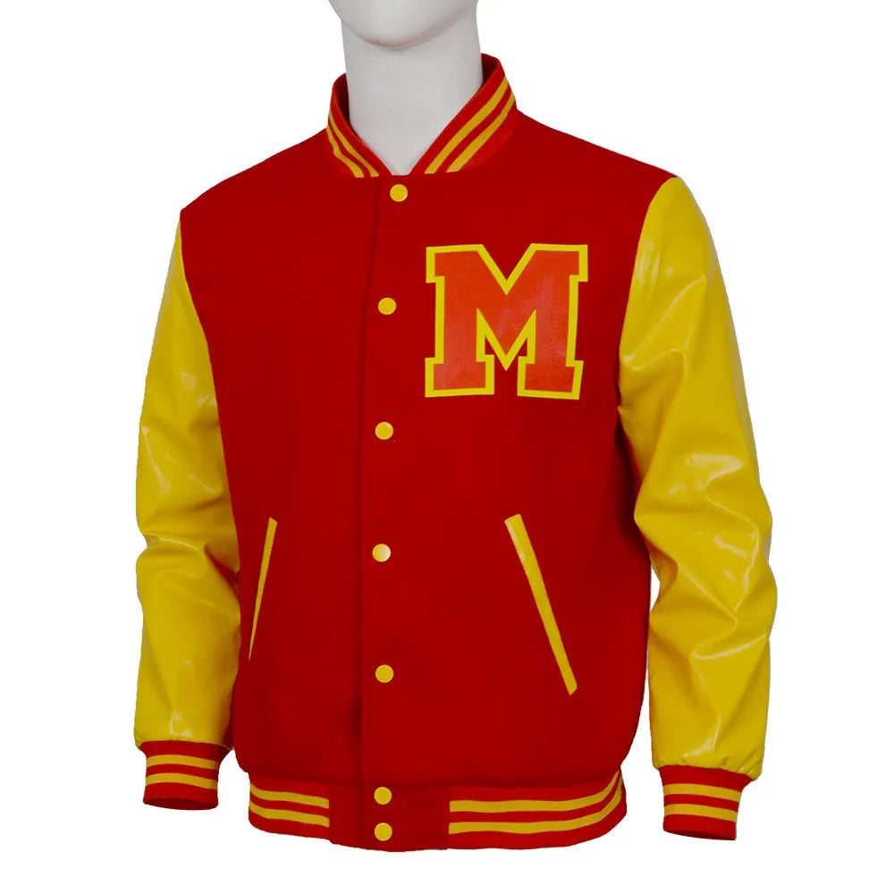 Men's Red Yellow Colorblock Varsity Bomber Cosplay Jacket