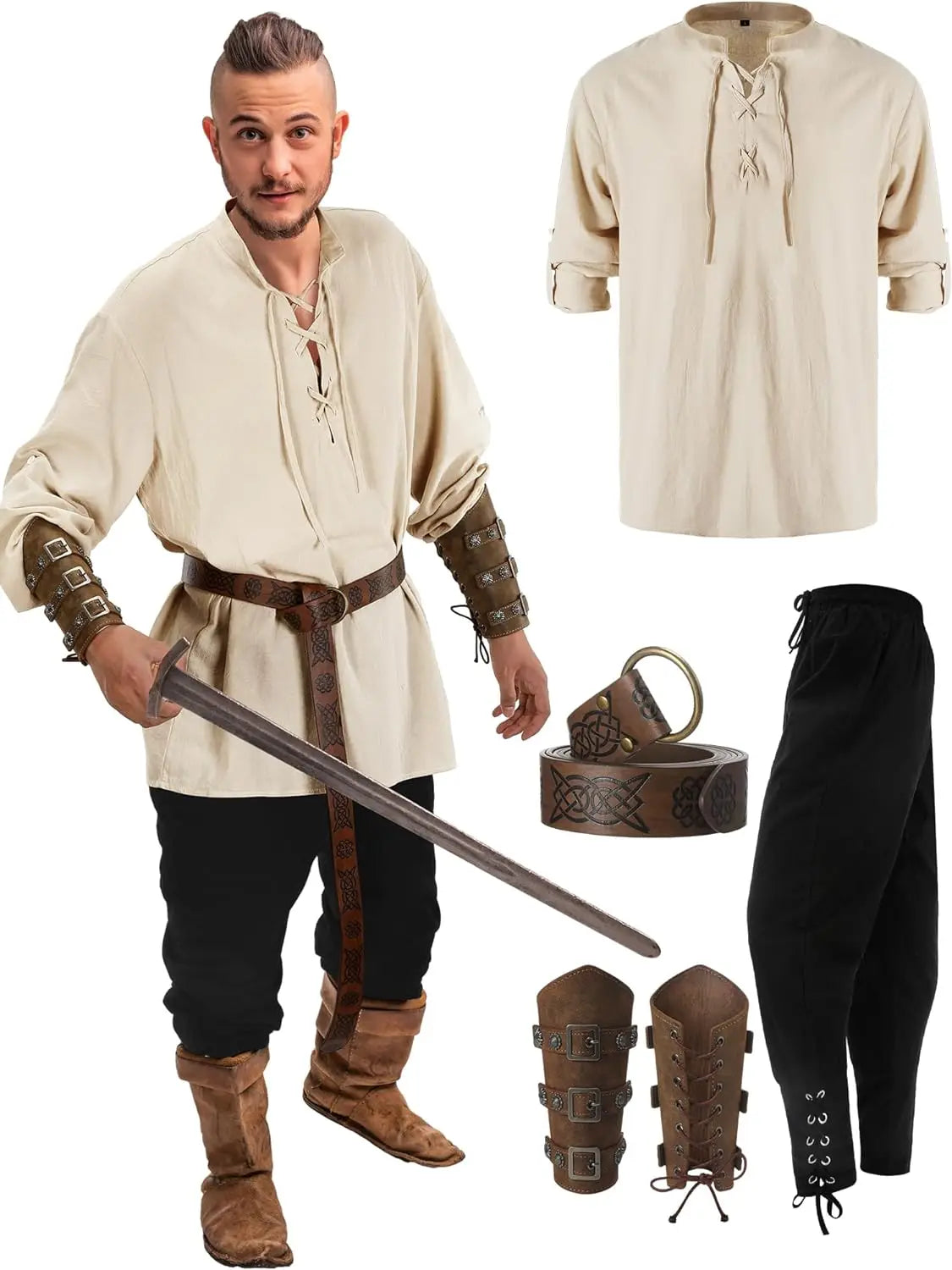 Men's Renaissance Costume Set with Shirt, Pants & Belt