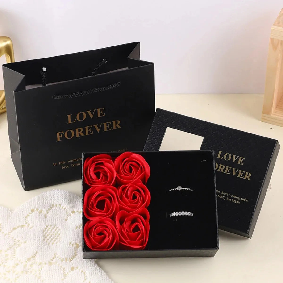 Romantic Gift Packaging Box with Bag Flower Valentine's Day Rose Gift Box for Ring Pendant Jewelry Present Window Opening Design