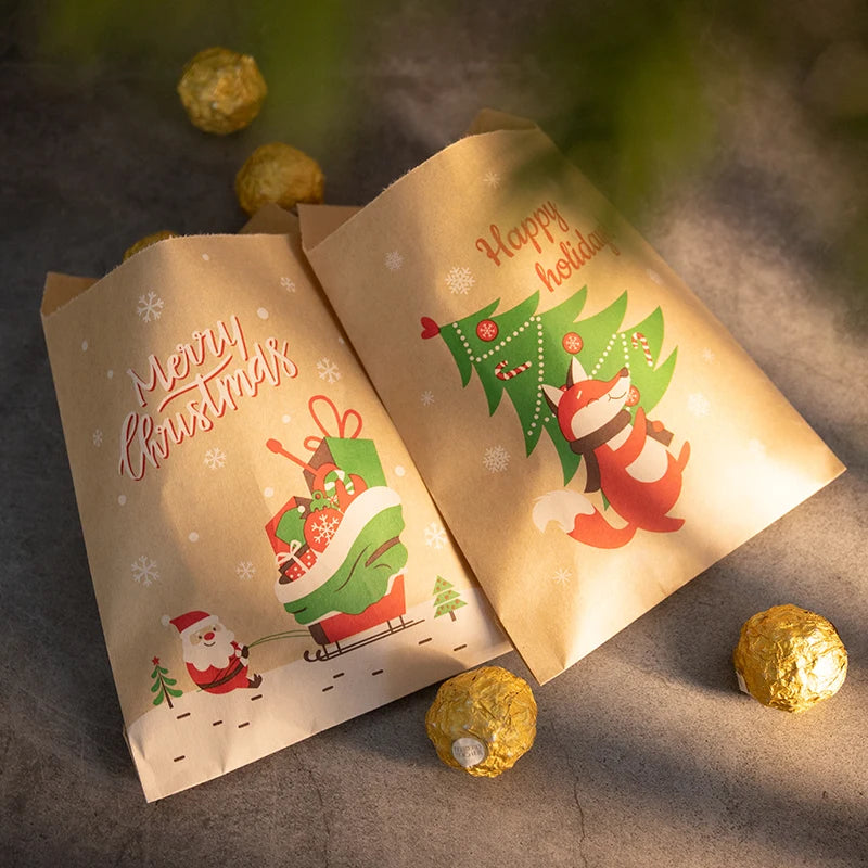 24Sets Merry Christmas Gift Bags Retro Santa Claus Fox Kraft Paper Bags with Stickers Xmas Party Favor Bags DIY Advent Calendar