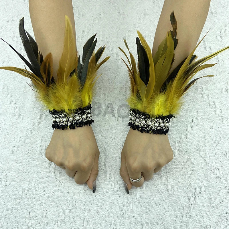 Natural Feather Wrist Cuffs Elegant Fur Sleeve Arm Accessories Gothic Halloween Cosplay Feather Gloves Pearl Arm Cuff 2pcs