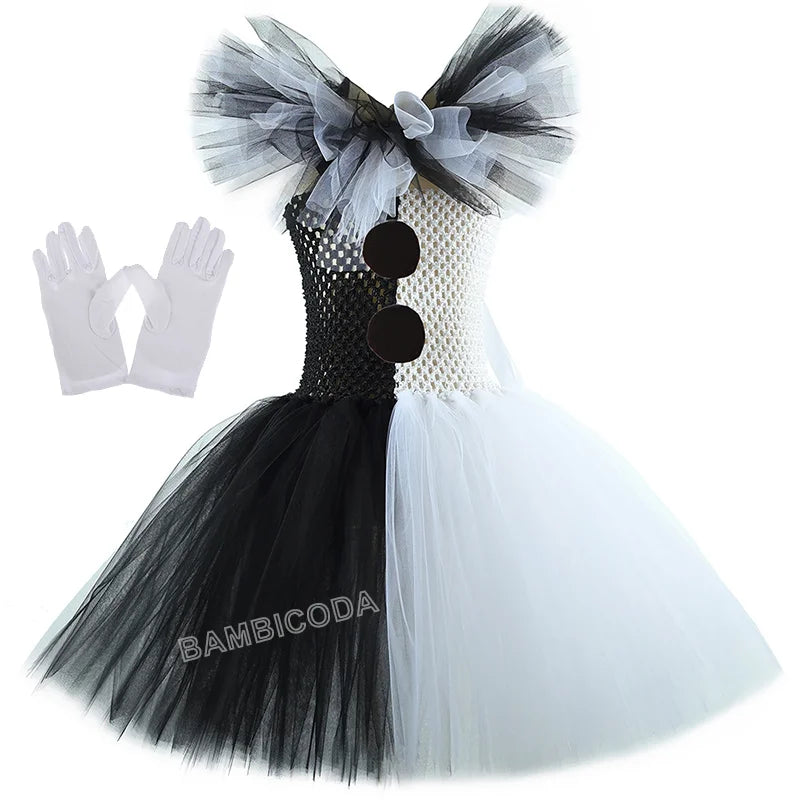 Girls Black White Horror Clown Tutu Dress Costume