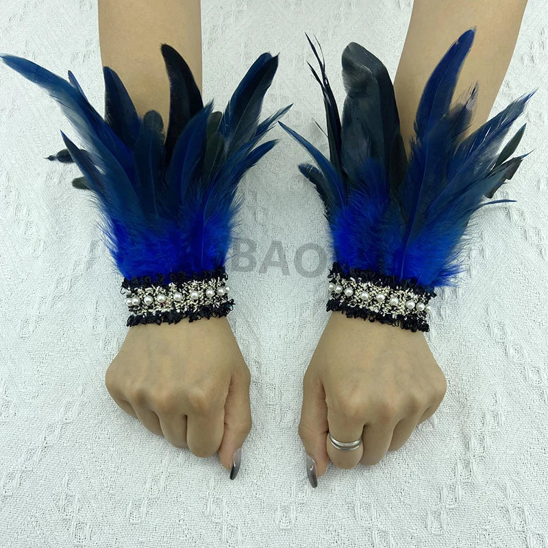 Natural Feather Wrist Cuffs Elegant Fur Sleeve Arm Accessories Gothic Halloween Cosplay Feather Gloves Pearl Arm Cuff 2pcs