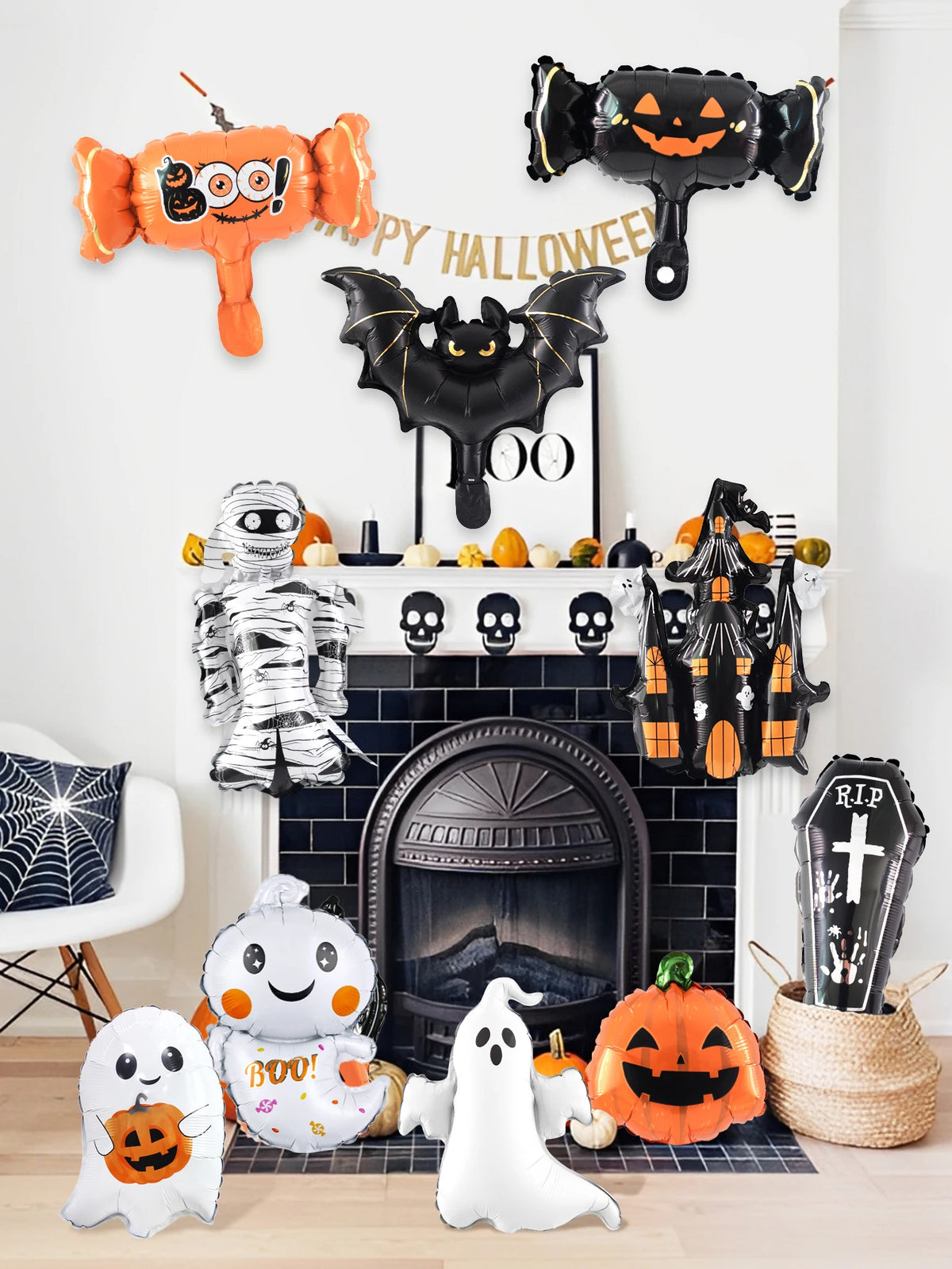 10pcs Mini Halloween foil balloon set—suitable for Halloween, haunted houses, pumpkin-themed parties, and trick-or-treat events.
