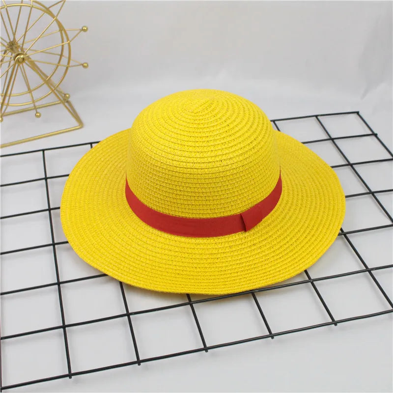 Unisex Flat Straw Hat with Neck String for Cosplay