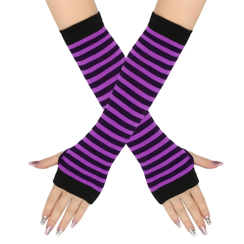Long Knitted Fingerless Elbow Gloves with Striped Design