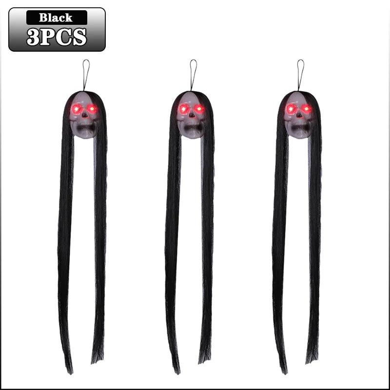 Halloween Hanging Ghost Skull with Long Hair Glowing Eyes Terror Skull Ghost House Head Skeleton Props 2024 Halloween Decoration