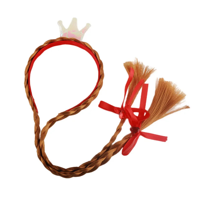 Princess Crown Headband with Braided Wig and Bow for Girls