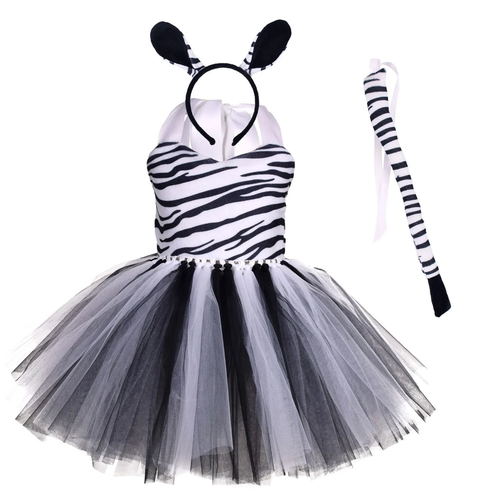 Baby Girls Halloween Animal Cosplay Costume Kids Forest Theme Giraffe Cows Tiger Leopard Zebra Print Tutu Dress Birthday Party