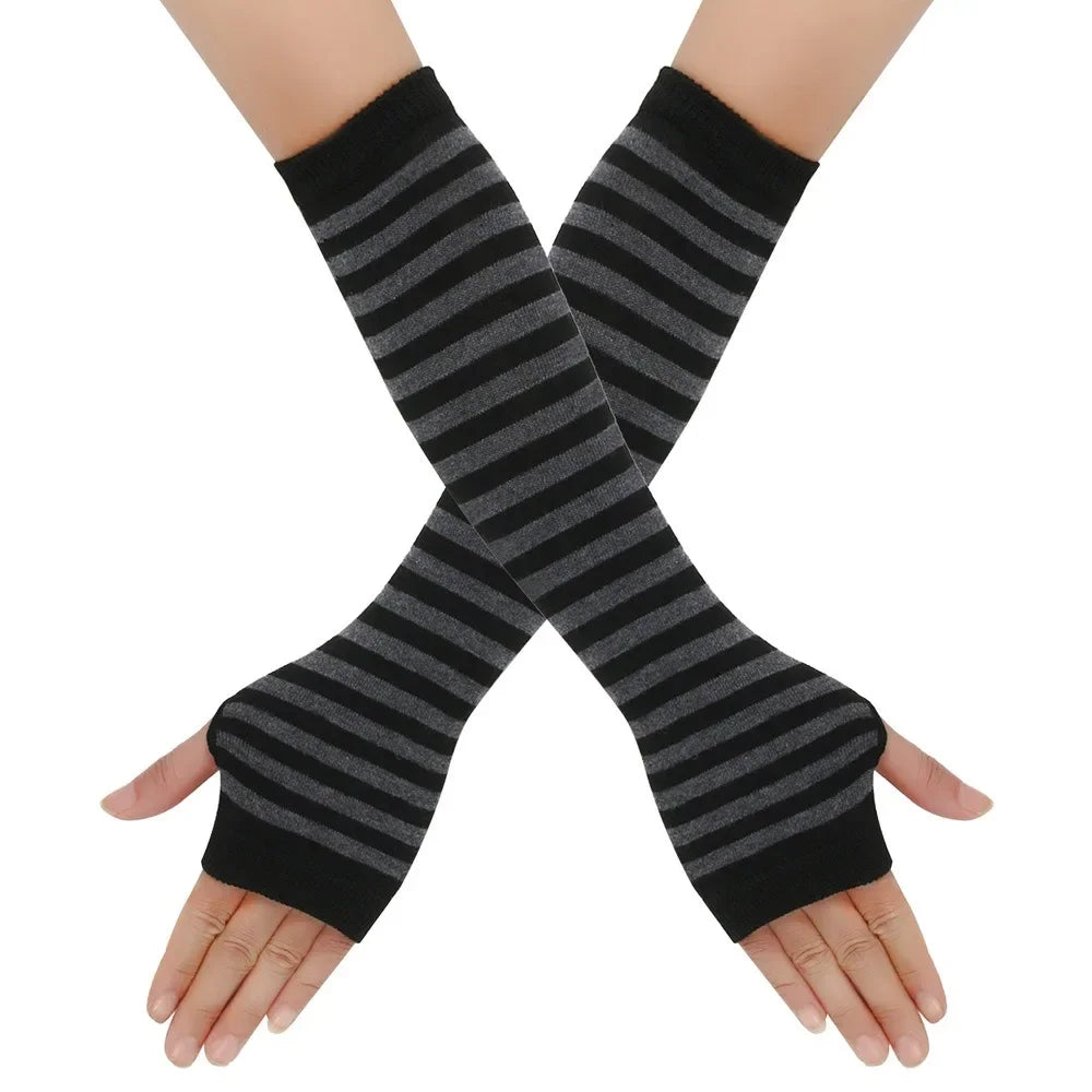 Long Knitted Fingerless Elbow Gloves with Striped Design