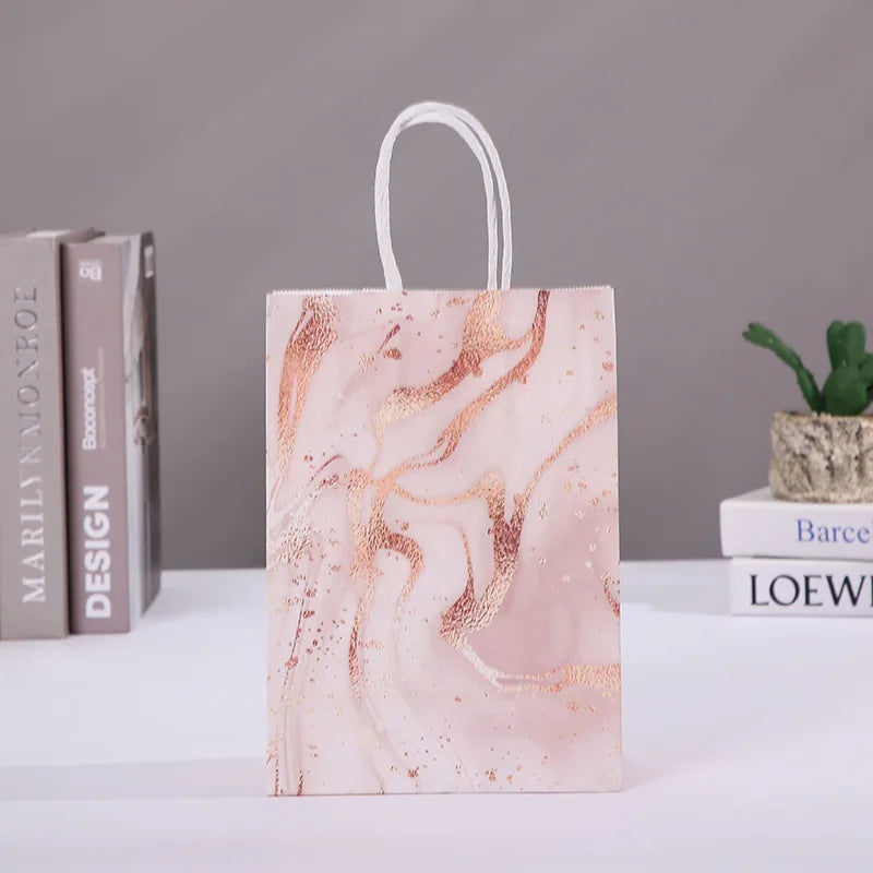 5 pcs Marble Design Kraft Paper Gift Bag with Handle Birthday Party Packaging Bags Wedding Gifts for Guest Eid Ramadan Supplies