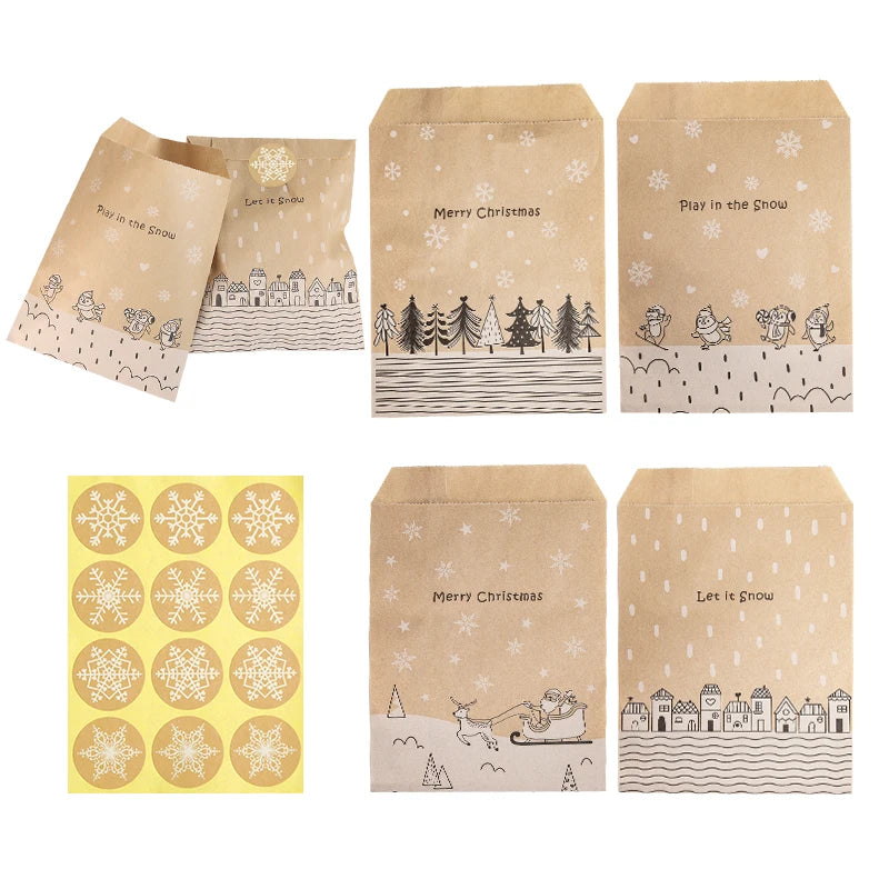 24 Sets Vintage Christmas Kraft Paper Bags Let it Snow Candy Treat Bag with Stickers Advent Calendar Xmas Party Favor Gift Pouch