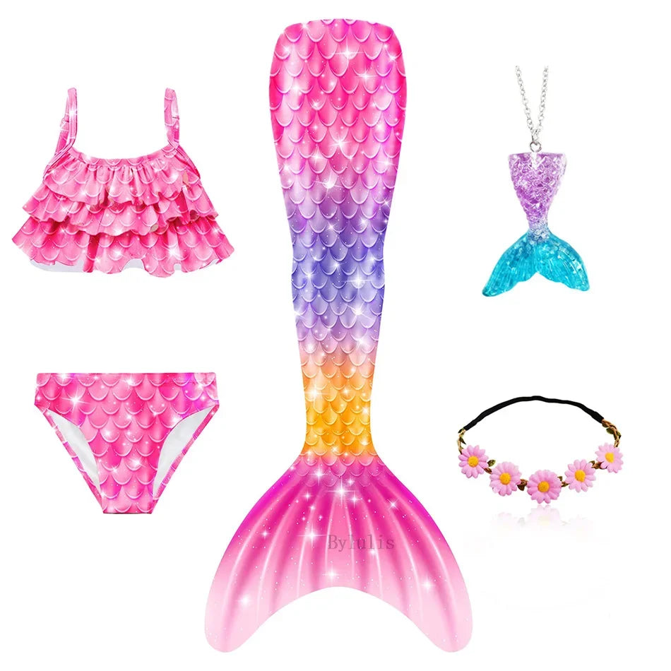 Girls Mermaid Tail Swimsuit Costume with Optional Monofin