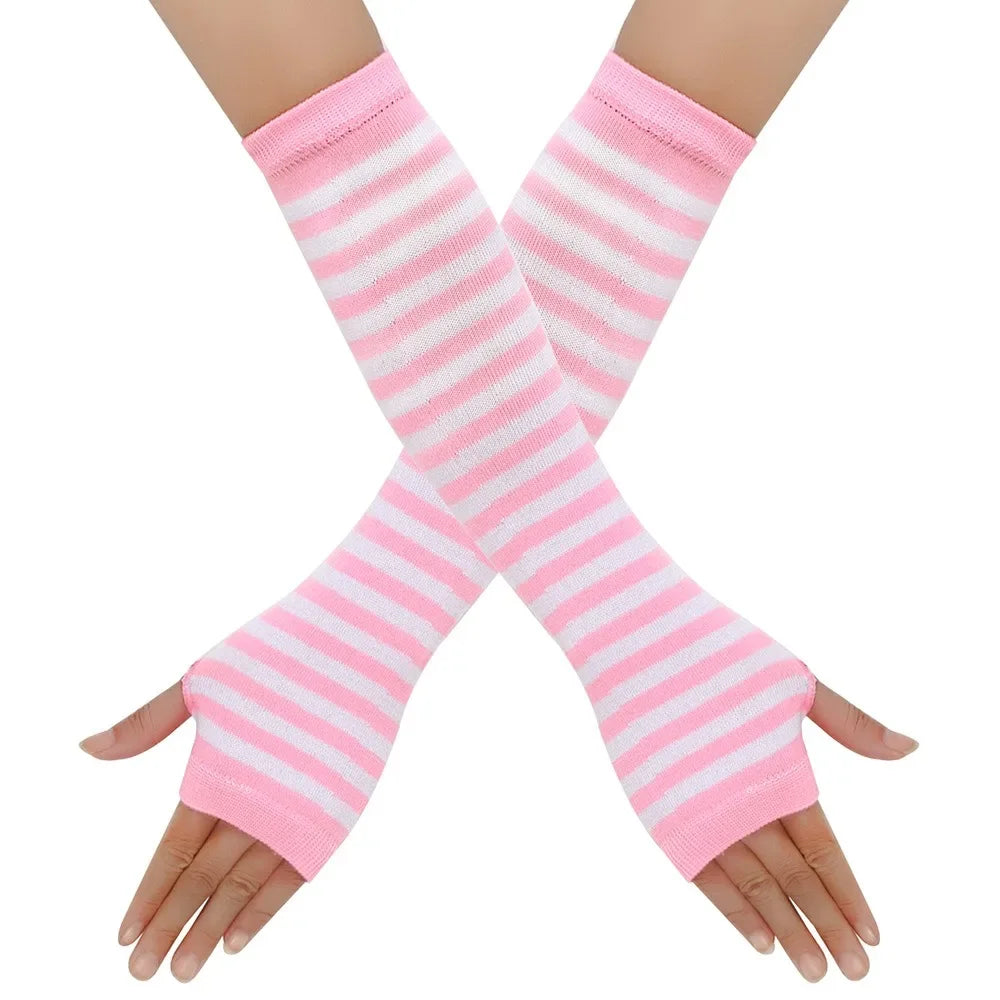 Long Knitted Fingerless Elbow Gloves with Striped Design
