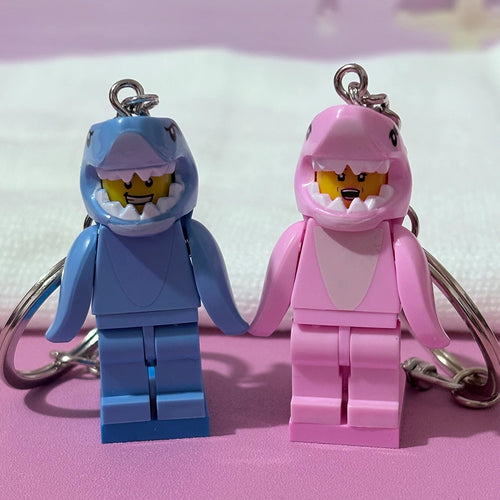 2-Piece Shark Heart Keychain Set Pink & Blue Building Block Design