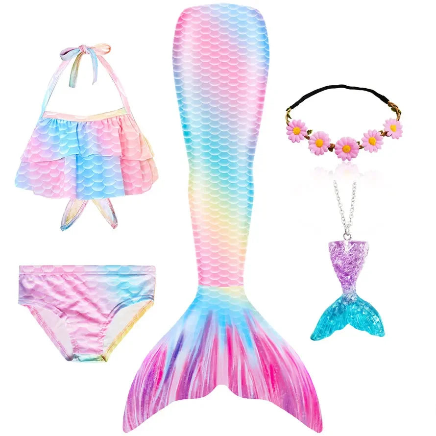 Girls Mermaid Tail Swimsuit Costume with Optional Monofin