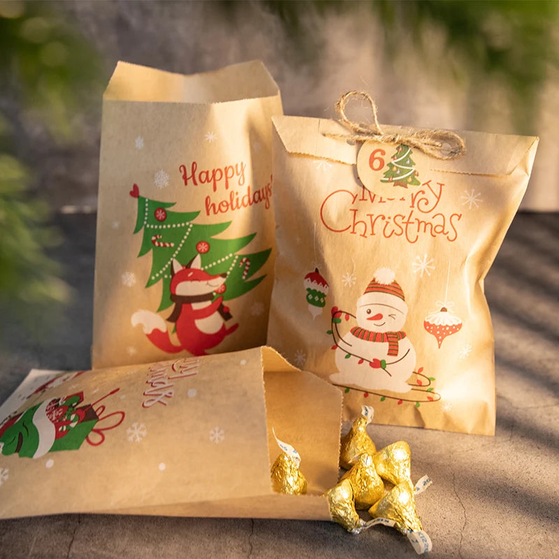 24Sets Merry Christmas Gift Bags Retro Santa Claus Fox Kraft Paper Bags with Stickers Xmas Party Favor Bags DIY Advent Calendar