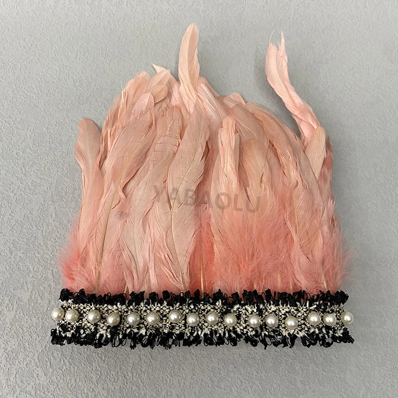 Natural Feather Wrist Cuffs Elegant Fur Sleeve Arm Accessories Gothic Halloween Cosplay Feather Gloves Pearl Arm Cuff 2pcs