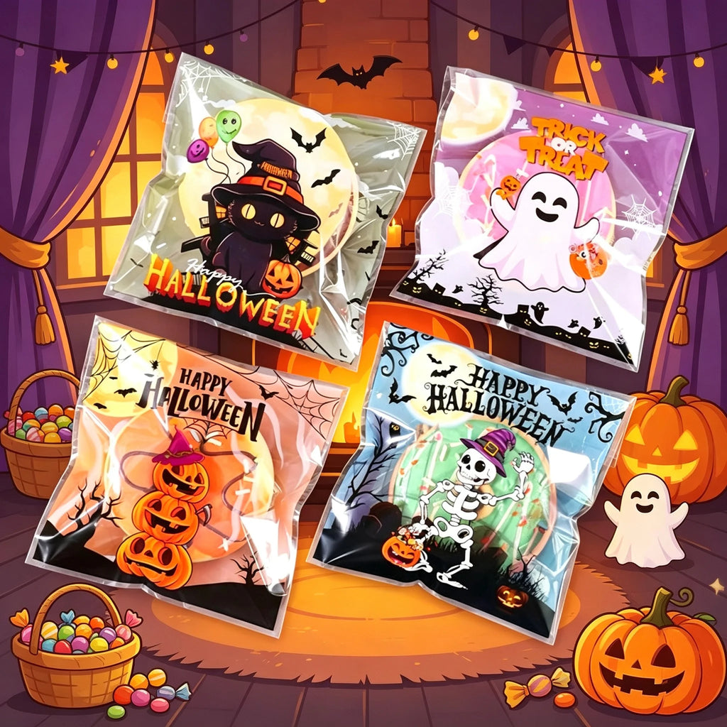 50/100/500Pcs Spooky Halloween Candy Bags Pumpkin Ghost Gift Cookie Self-Sealing Bags Halloween Party Decor Trick or Treat