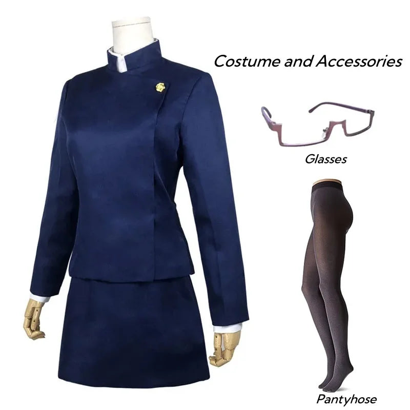 Anime-Inspired Cosplay Uniform Set with Wig, Glasses & Skirt