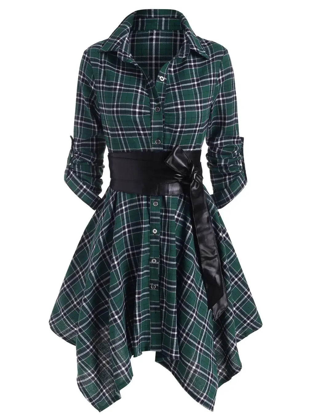 Women Red Plaid Belted Roll Tab Sleeve Handkerchief Dress Grunge Gothic Casual Dresses Vestidos Button Up Long Sleeve Streetwear