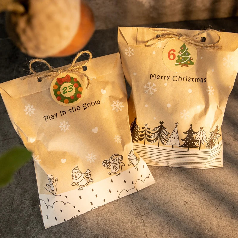 24 Sets Vintage Christmas Kraft Paper Bags Let it Snow Candy Treat Bag with Stickers Advent Calendar Xmas Party Favor Gift Pouch