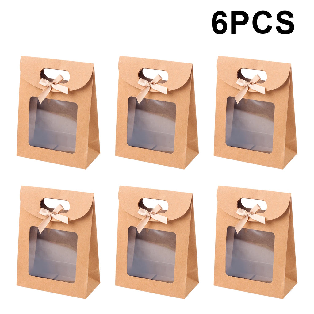 6/12PCS Kraft Paper Bags with Window, Box Reusable Gift Bag for Women, Candy Cookies Packaging Wedding Christmas Party