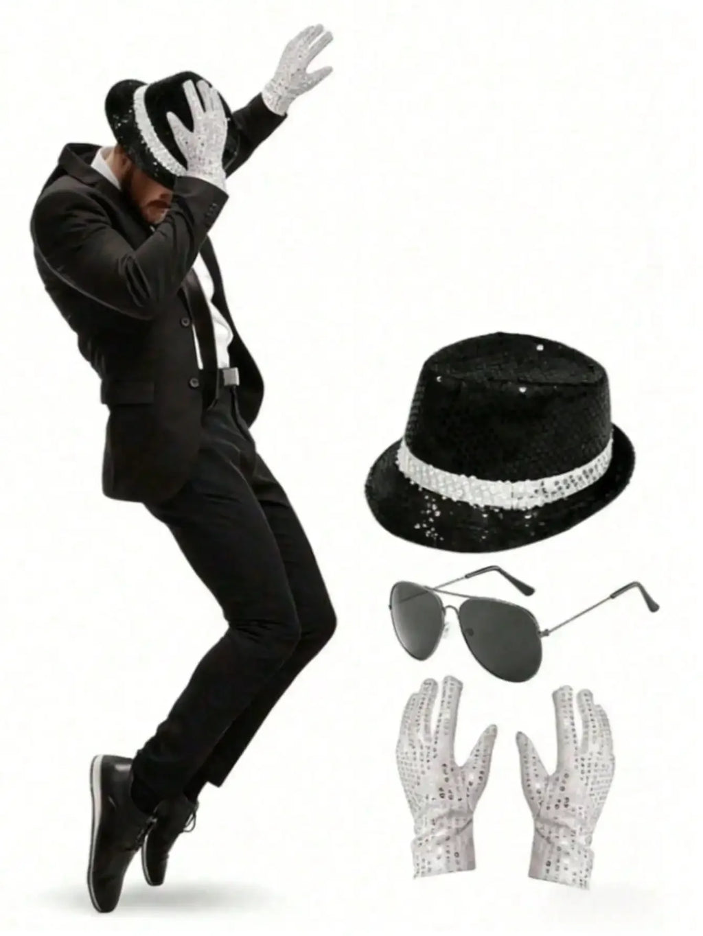 Sequin Fedora Hat Gloves and Aviator Sunglasses Costume Set