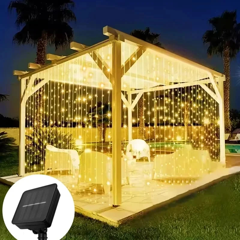 Outdoor Solar Curtain Light 3x3M 300Leds Holiday Decorations Garland 8 Modes Halloween Christmas Party Decor String Lights