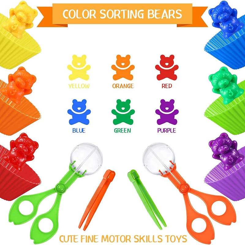 Colorful Counting Bears with Sorting Cups & Tweezers, Toddler Counting & Color Sorting Educational Toy Gift for Kids Boys Girls
