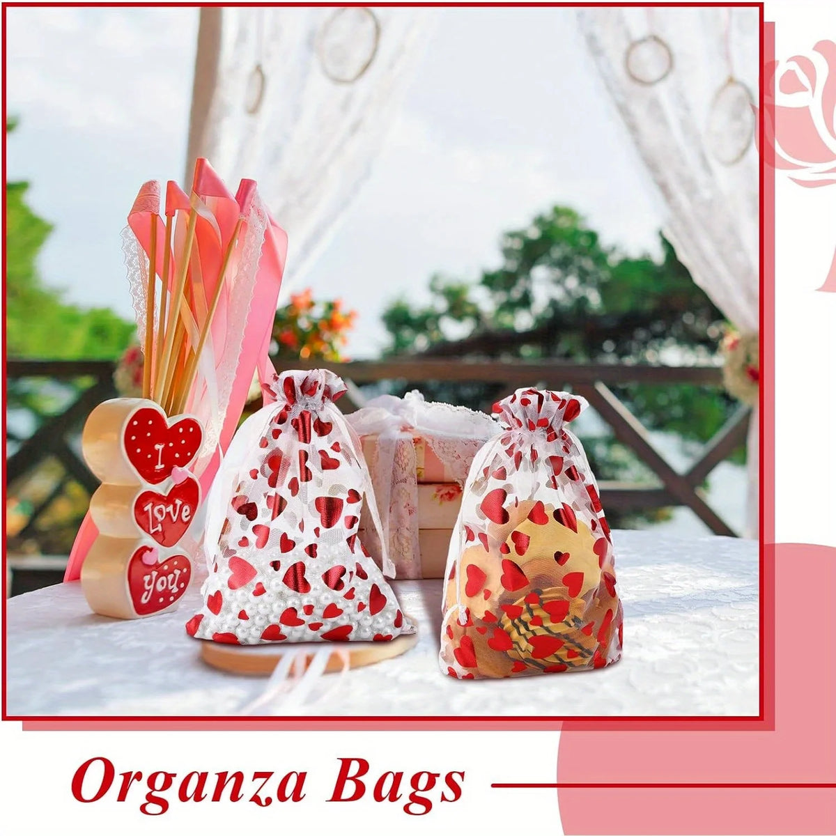 100PCS Valentines Day Organza Bags Drawstring Organza Jewelry Pouches Bulk Wedding Party Favor Gift Mini Candy Mesh for Party