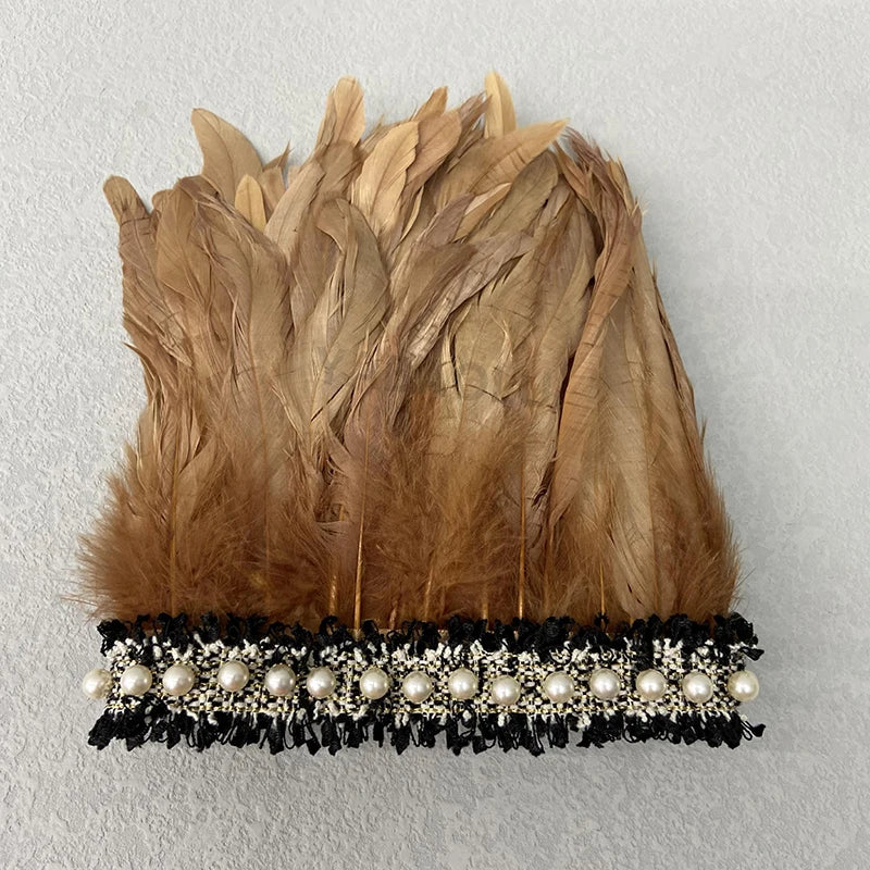 Natural Feather Wrist Cuffs Elegant Fur Sleeve Arm Accessories Gothic Halloween Cosplay Feather Gloves Pearl Arm Cuff 2pcs
