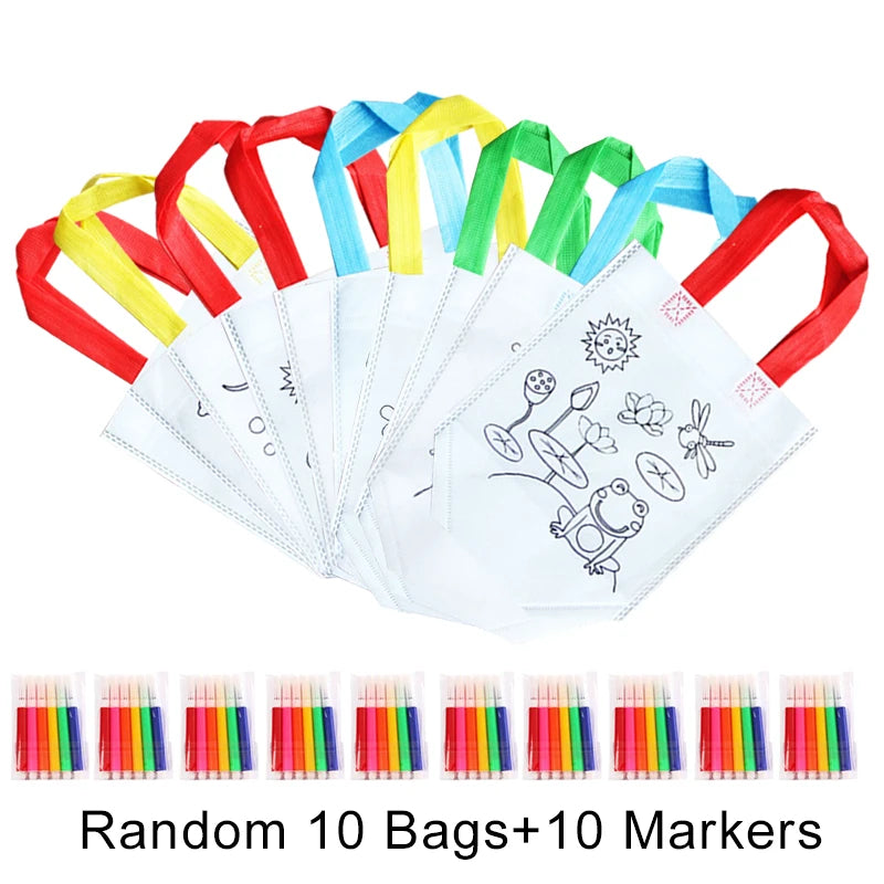 DIY Coloring Goodie Bags with Coloring Markers Party Gift Bags for Kids Toy Storage Bag Eco Non-Woven Fabric Shopping Bags