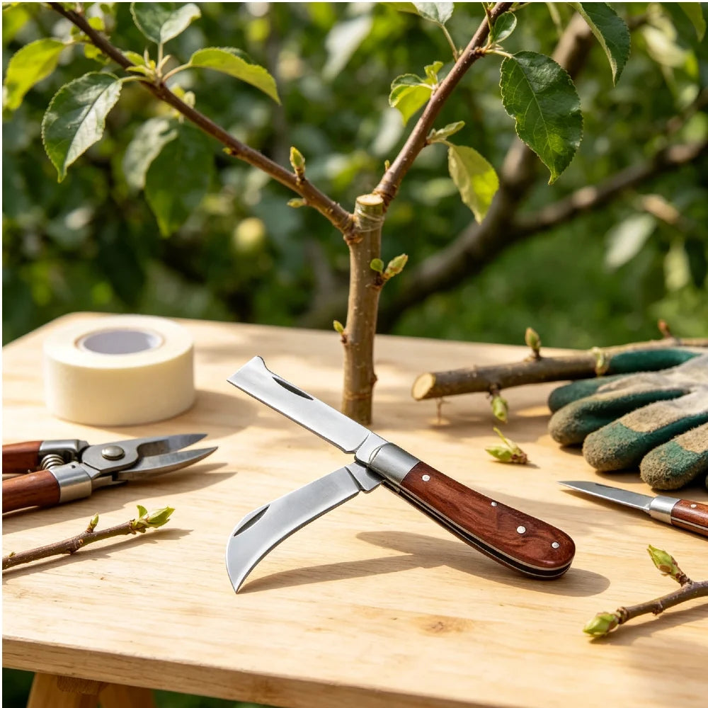 Folding Grafting Knife Grafting Tools Grafting Pruning Knife Professional Garden Fruit Tree Grafting Cutter Wooden Handle Knife