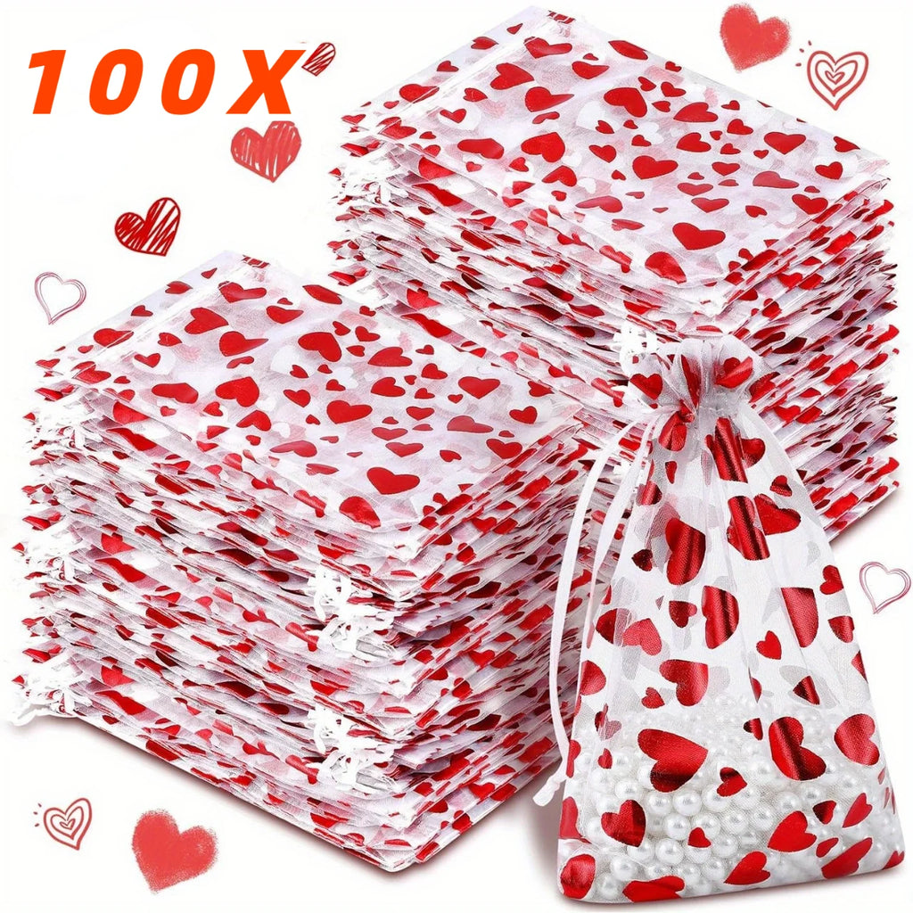 100PCS Valentines Day Organza Bags Drawstring Organza Jewelry Pouches Bulk Wedding Party Favor Gift Mini Candy Mesh for Party